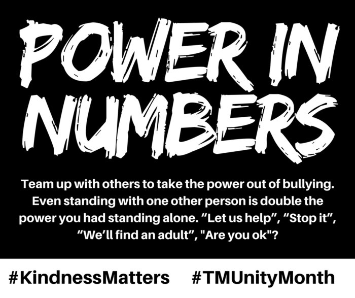 msd25's tweet photo. There’s power in numbers. Team up with others to take the power out of bullying. https://t.co/u1Di43jP4C #TMUnityMonth #KindnessMatters https://t.co/HyJn9AdY2j