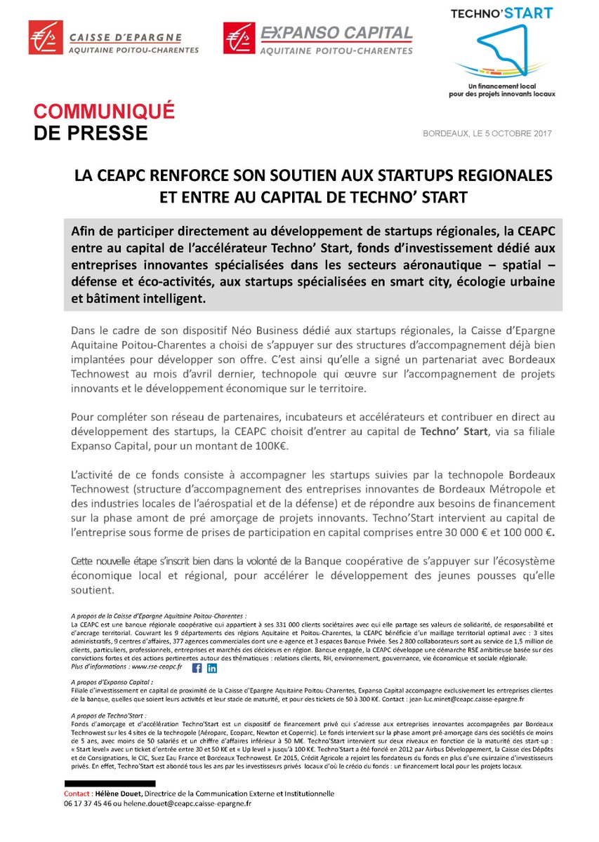 Bdx_Technowest's tweet photo. Le fonds #TechnoStart de @Bdx_Technowest lĂšve des fonds et se renforce grĂące Ă de nouveaux partenaires dont la CEAPC via Expanso Capital đ https://t.co/unDOqFkXzn