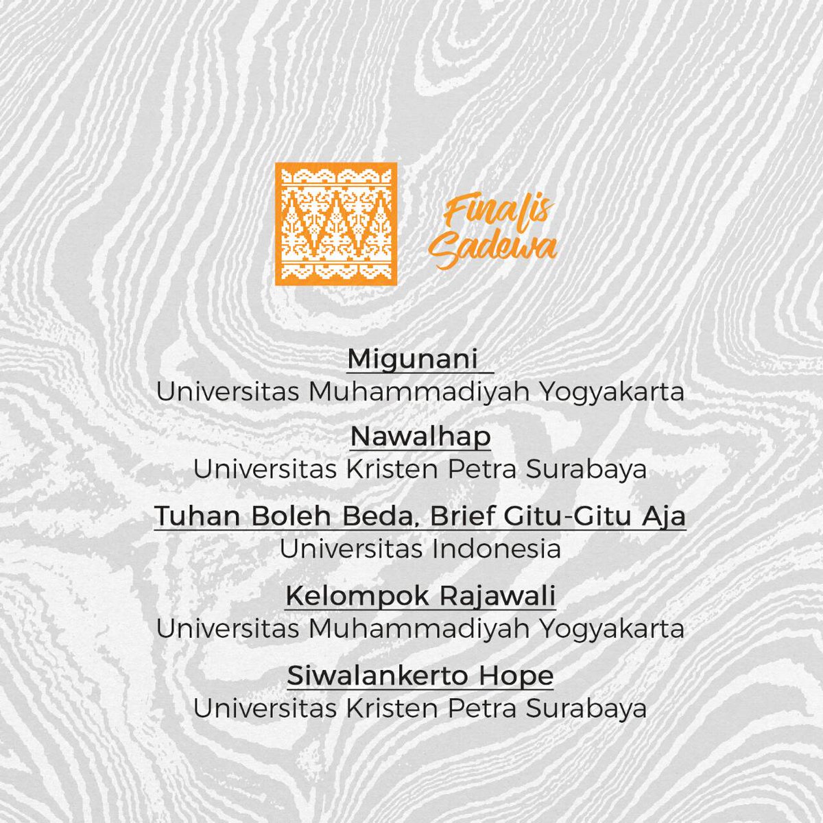 AjisakaUGM's tweet photo. [FINALIS AJISAKA UGM 2017]

Halo Insan Kreatif!

Selamat untuk semua finalis Ajisaka UGM 2017!! Sampai jumpa di Yogyakarta!! :) https://t.co/z6kT9ChZKg