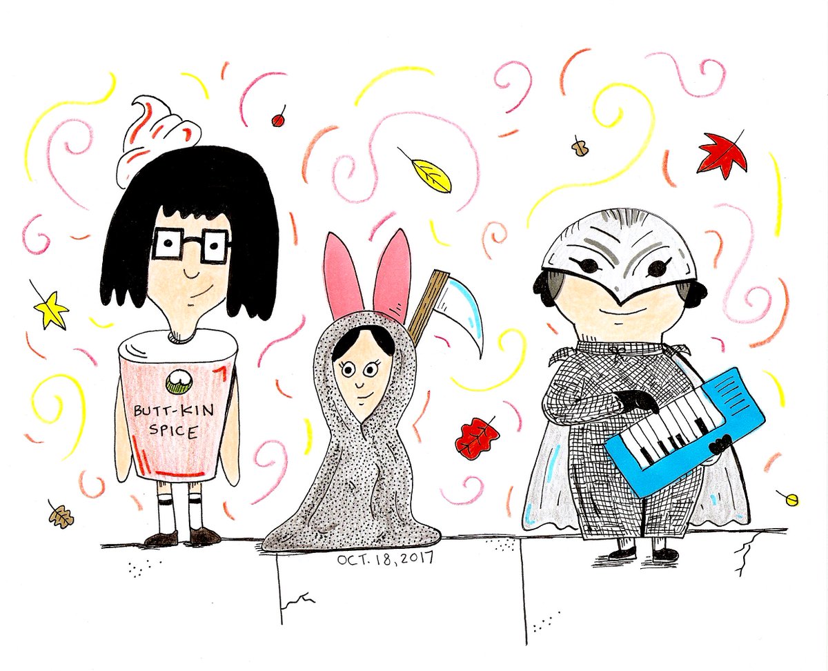 tinyrevOKC's tweet photo. #Inktober drawings from Oct. 16th - Oct. 19th! 🌊🖤🎃🍂 The @BobsBurgersFOX kids: Butt-kin Spice Latte; Grim Reaper; Phantom of the Paradise. https://t.co/o5M85h6y2B