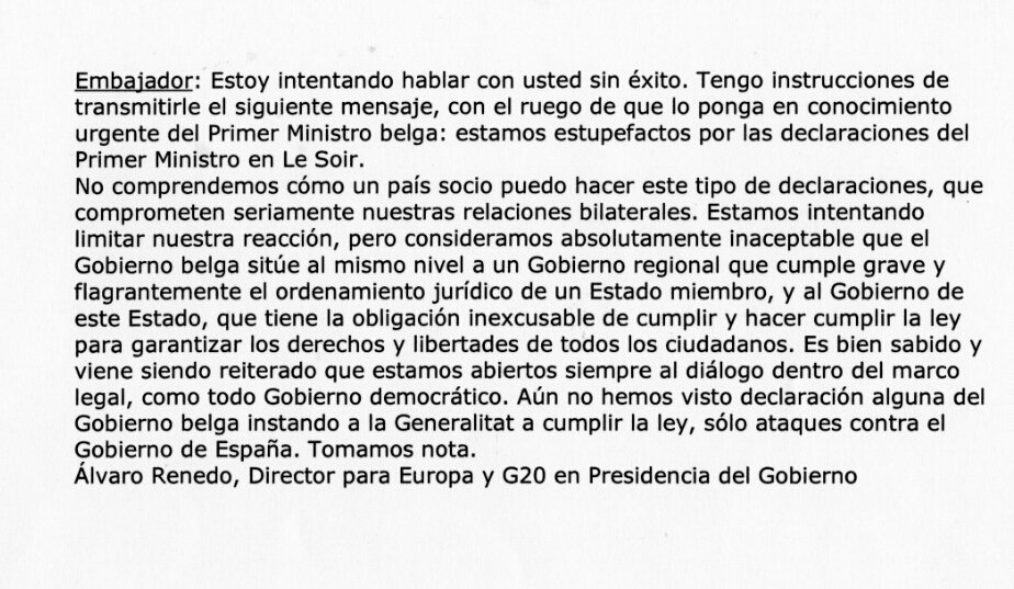 DieterDujardin's tweet photo. The mail of Moncloa to Belgian embassy in Madrid. #EUCO #Catalonia #hln https://t.co/Fgo67Qp7Ae