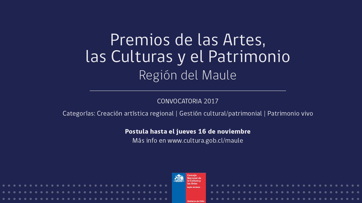 culturas_maule's tweet photo. Abierta la convocatoria a los Premios de las Artes, las Culturas y el Patrimonio - Región del Maule. Bases + info: https://t.co/IEQ2TI3bIj https://t.co/GzvKjyvNjA
