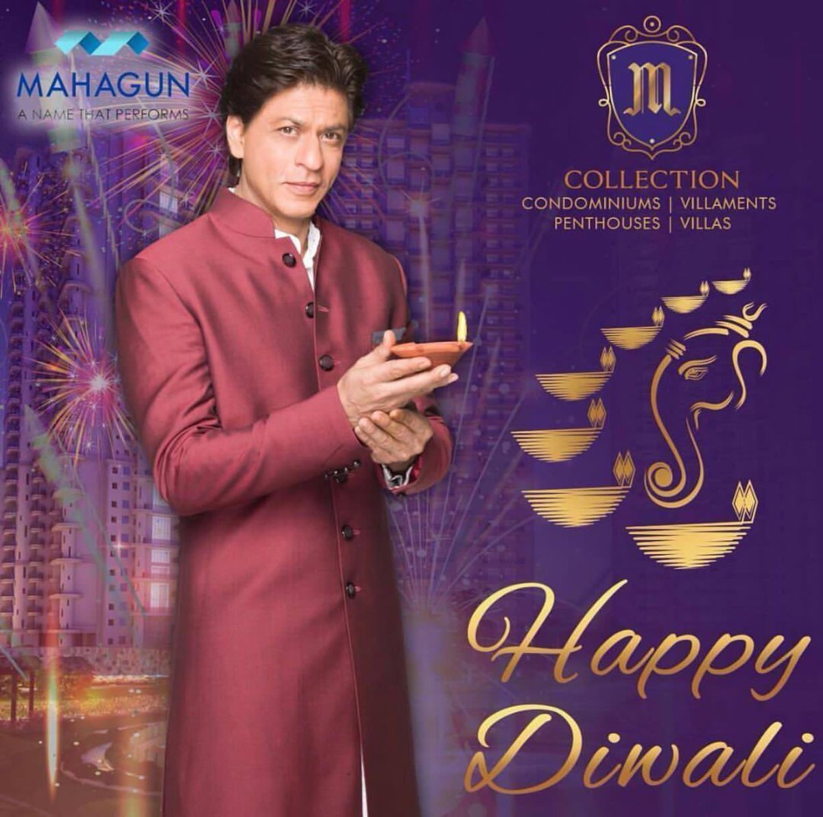 SRKCHENNAIFC's tweet photo. Shah Rukh Khan (@iamsrk) &amp; Mahagun group wishing you all a very #HappyDeepavali 
SRK in new Ad print of Mahagun group!!!! https://t.co/serEJMUezR