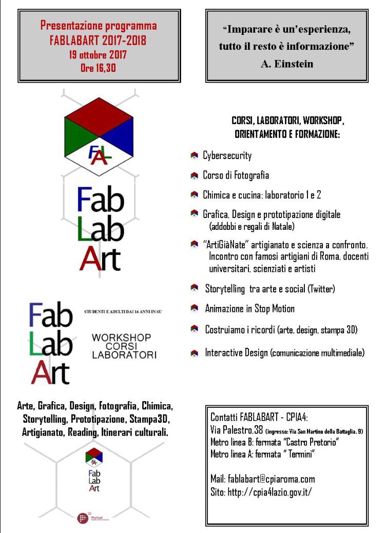 archivetro's tweet photo. "L'inizio è la parte più importante del lavoro"
#Platone
Corsi #workshop laboratori che si terranno nel @fablabart
#CPIA4 #Roma #innovation https://t.co/gtc6bD8P45