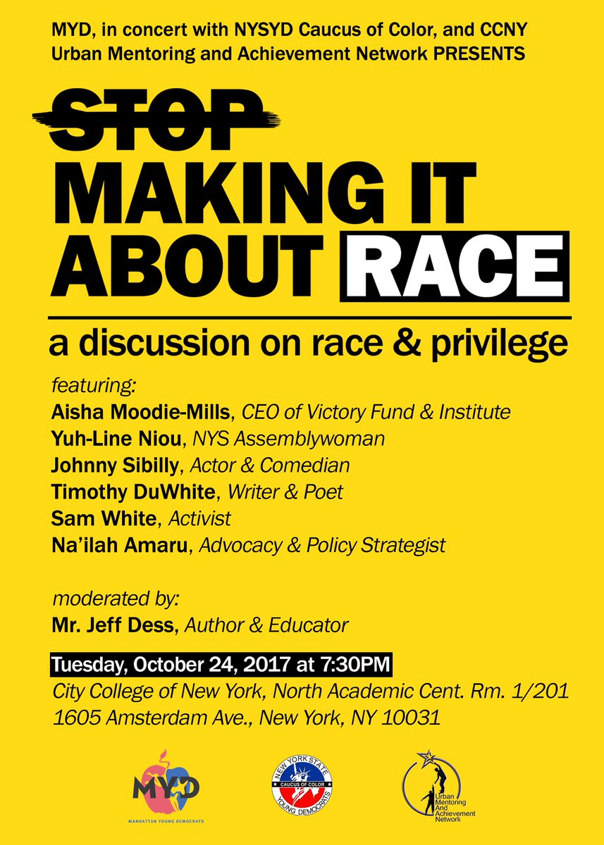 manhattanyd's tweet photo. Join us & @NYSYDCoC on Oct. 24th for a much needed conversation w/ some amazing panelists! RSVP: https://t.co/a798TbusEf #MakeItAboutRace https://t.co/ByowT8HuLP