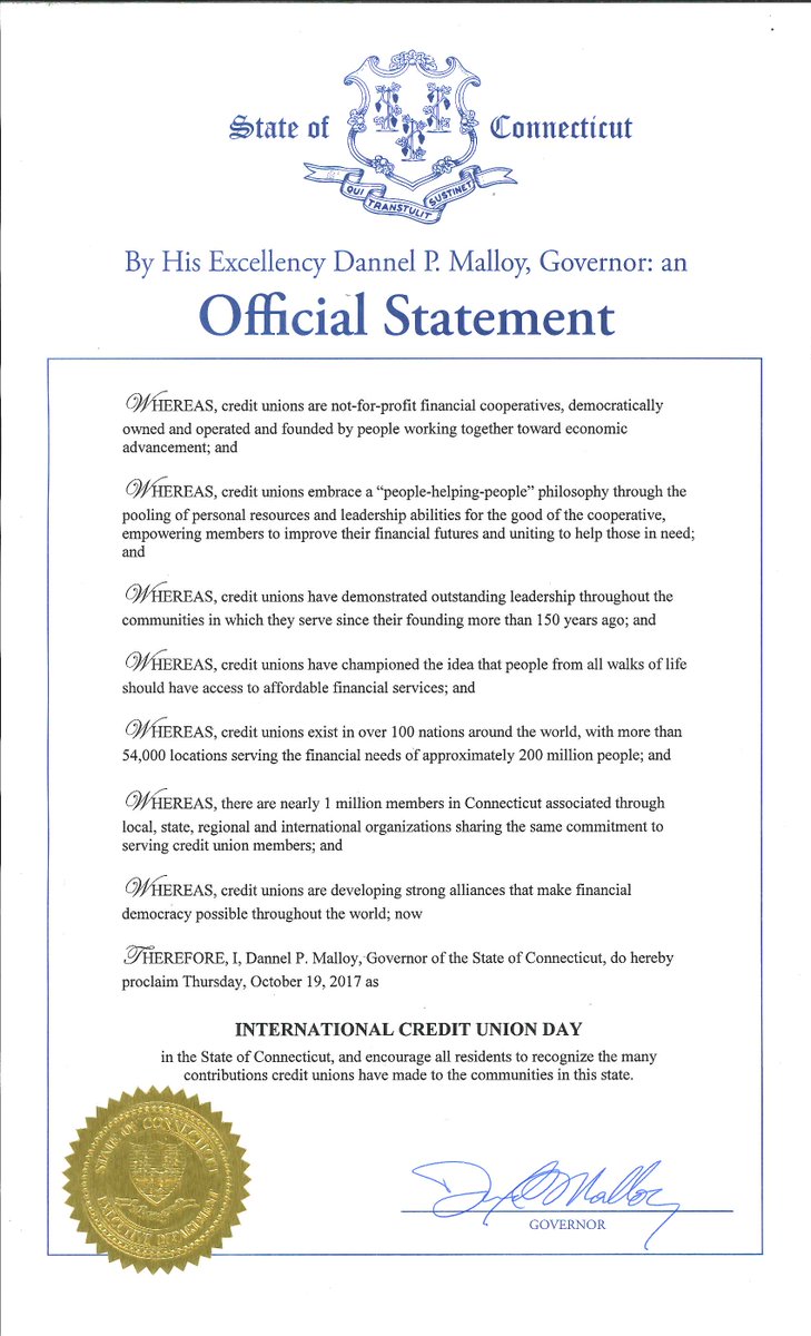 CTCreditUnions's tweet photo. Today is International Credit Union Day in #Connecticut, as proclaimed by @GovMalloyOffice. #ICUday #InternationalCreditUnionDay https://t.co/6NsN95hjqn