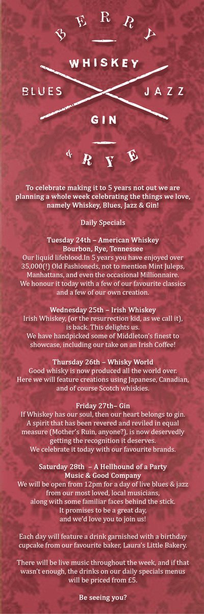 berry_and_rye's tweet photo. Our 5th birthday week! 5 days of our fave things: daily specials, loads of live music (Weds-Sun), garnishes by @LaurasBakery...Join us! https://t.co/YNMP2rfqQ2