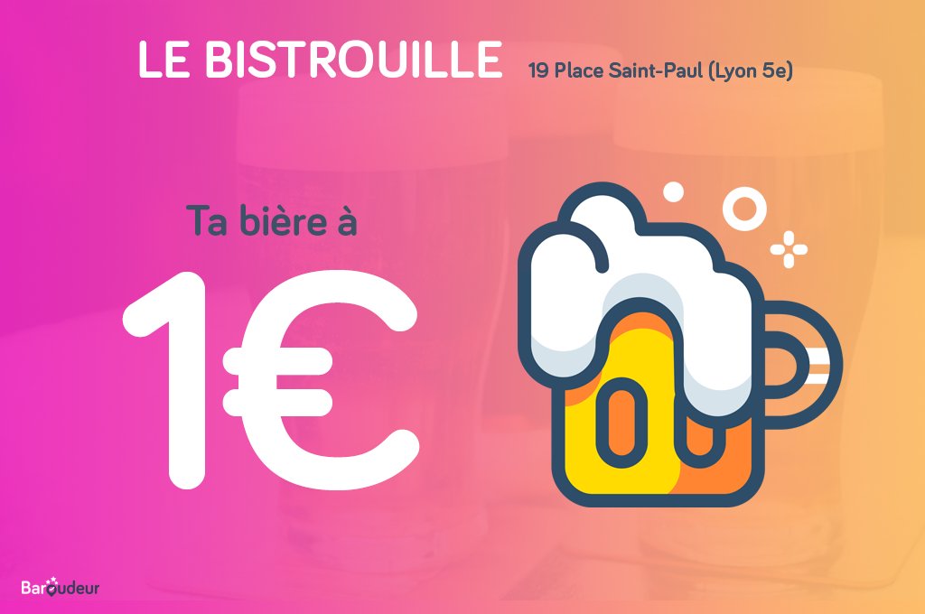 BaroudeurApp's tweet photo. Ta bière à 1€, c'est au Bistrouille que ça se passe avec l'appli Baroudeur ! https://t.co/Bhfmgxs5be