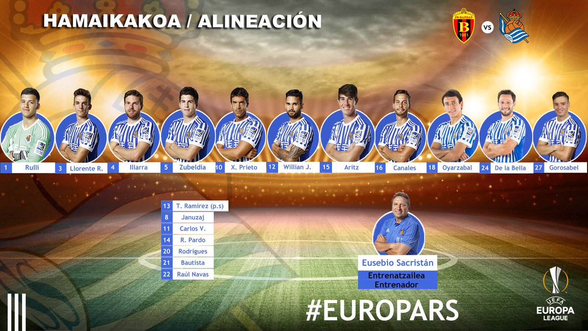 RealSociedad's tweet photo. 📋 Nuestro XI para medirnos al @FKVardar . Goazen Real! #EuropaRS #UEL https://t.co/1SMnRTyPvL