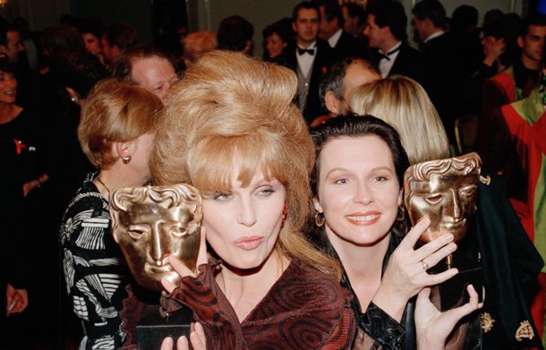 GREATBritain's tweet photo. There's no hairstyle like a '90s hairstyle. British icons Joanna Lumley and Jennifer Saunders at BAFTAs in 1993. #ThrowbackThursday #BAFTA70 https://t.co/Lk4VUOQwR7