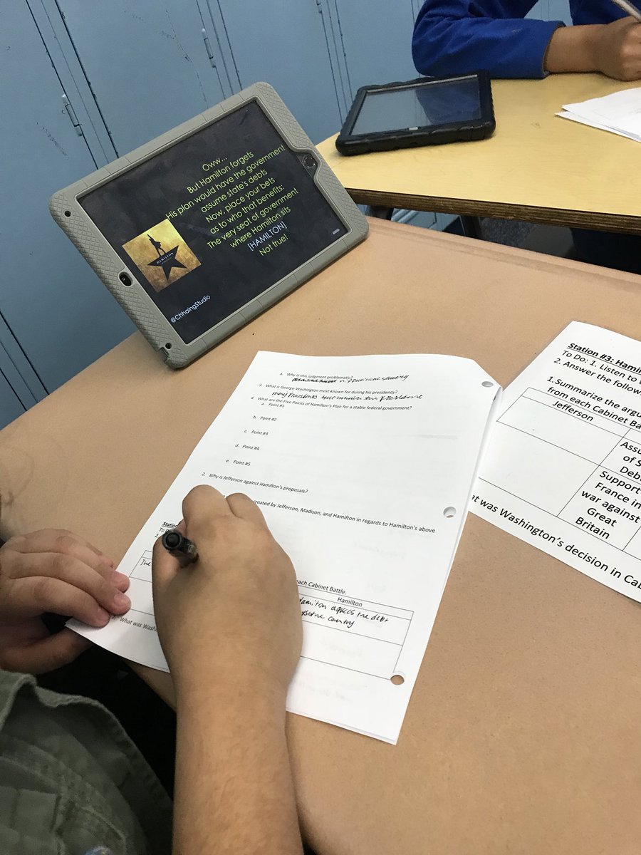 WHShistoryninja's tweet photo. APUSH students working with the Hamilton soundtrack as part of their hook stations for Unit 3. @Wheeling_Cats @District214 https://t.co/FQrPNgADdr