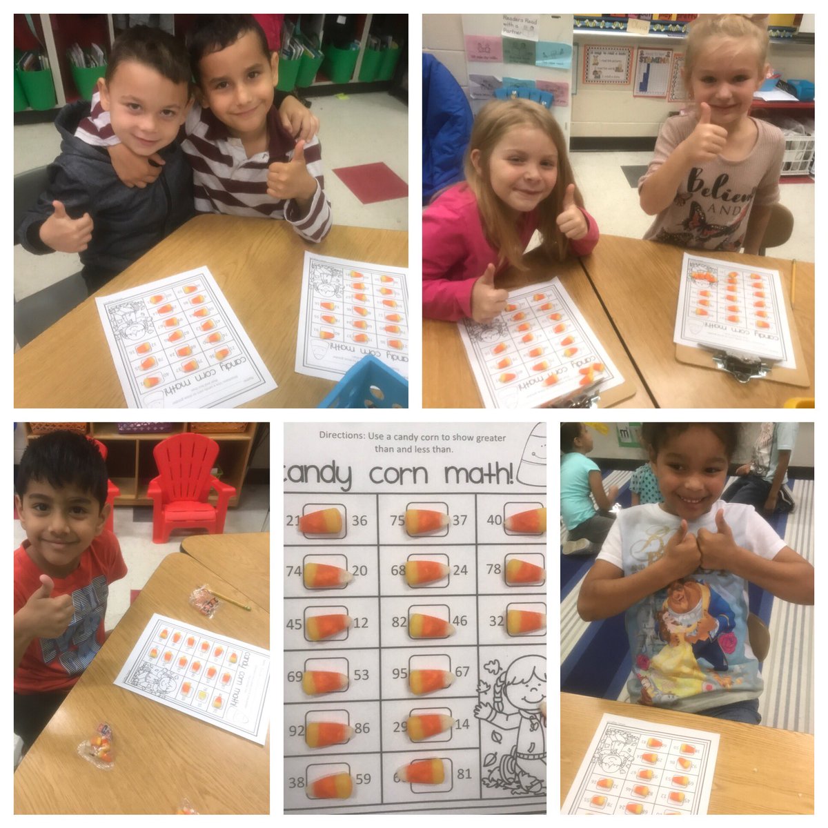 These mathematicians used candy corn to compare 2 two digit numbers today! 👍🏻 #greaterthan #lessthan #candycornmath <a href="/DurantEagles/">Durant Elementary</a>
