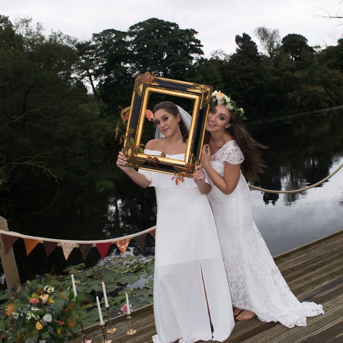 Happy Brides! Pondside. #bunting #BrideHour #wedding. Great styling by <a href="/AphroditeStyle_/">Aphrodite Events</a>