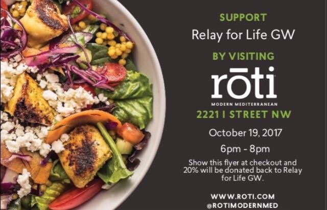 RelayofGW's tweet photo. Need dinner plans? Come to our Roti profit-share tonight from 6-8pm! Present this flyer at the register! https://t.co/HMXyK6WVO2