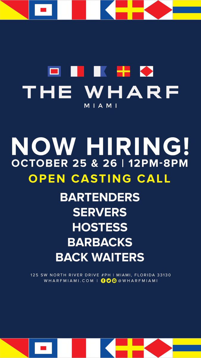 Anchors Away ⚓️ WE’RE HIRING!
Open Casting Call Oct 25 &amp; 26 12pm-8pm. Sign up at wharfmiami.com/jobs/ 
SEA ya soon! 💦 #wharfmiami