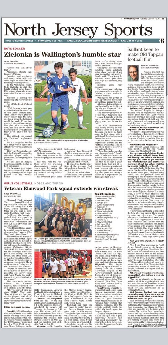 Knights58Movie's tweet photo. Sportswriter Interviews Antonio Saillant and it appeared in the Bergen NJ Record on October 17, 2017 about his film @KNIGHTS58. https://t.co/R3JdT6RS63