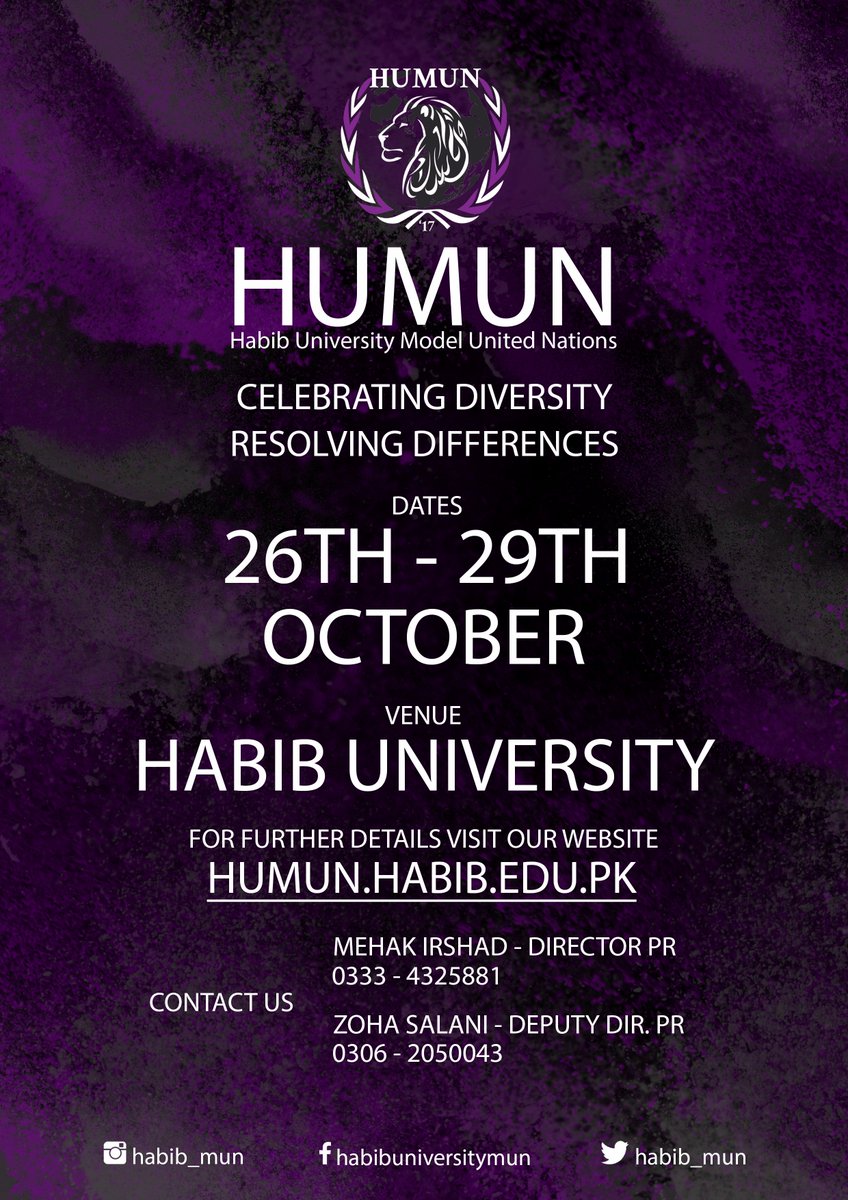 HabibUniversity's tweet image. Only one more day left | Register now for HUMUN at habib.edu.pk/humun/ | #CelebratingDIversity | #ResolvingDifferences