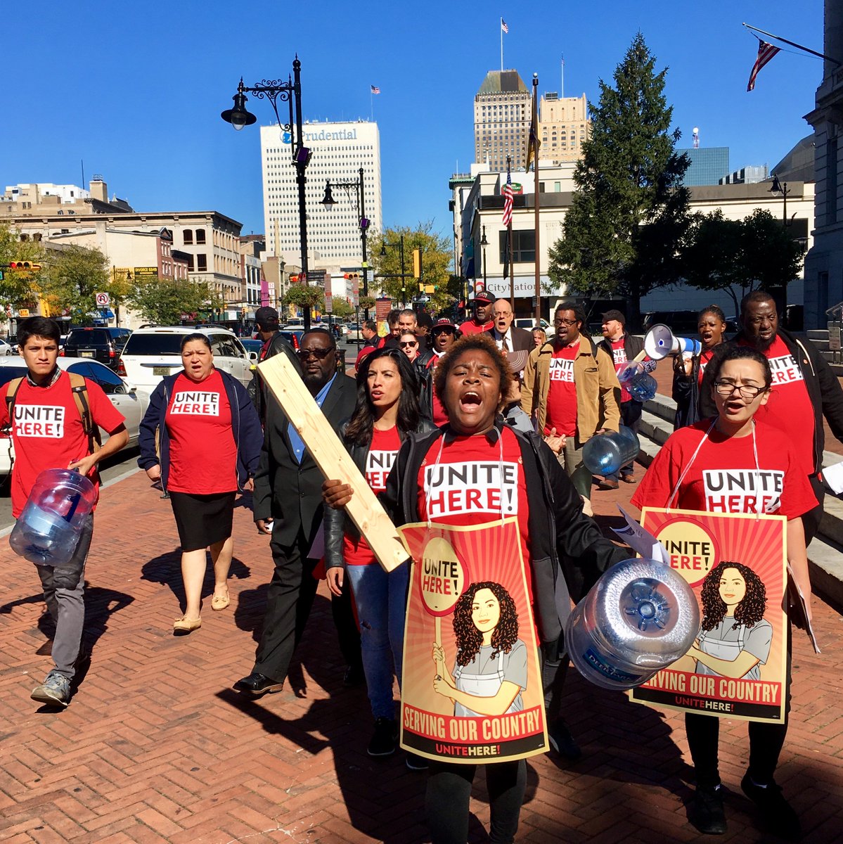 unitehere's tweet photo. .@unitehere100 members marching in Newark to City Hall. They'll be converging later for a big march in NYC! Details: https://t.co/YUcFw6BRJ2 https://t.co/wANEaRJ5p5