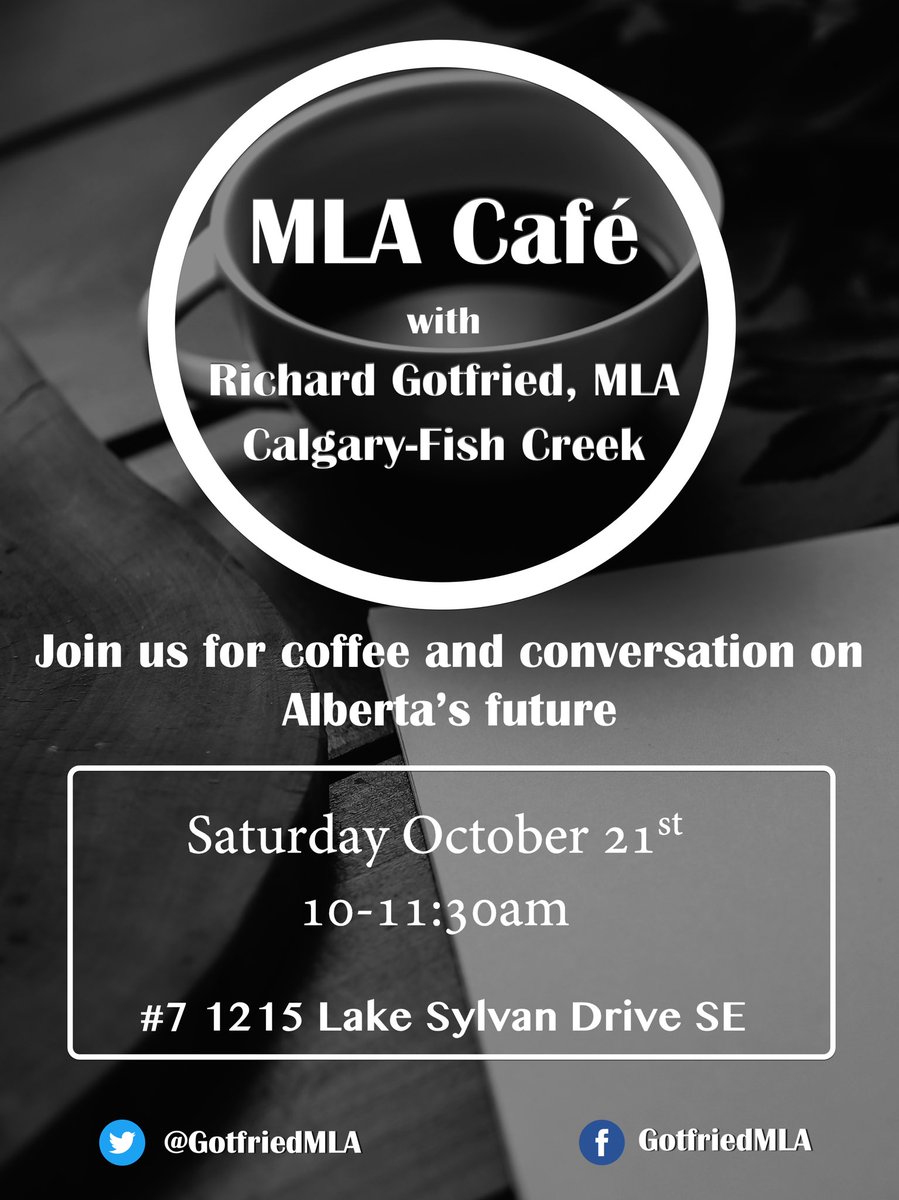RichardGotfried's tweet photo. .@DeerRunCalgary @DeerRidgeCA @LakeBonavistaCA @BonavistaCares @QueenslandCA @canyon_meadows #parkland #MLAcafe drop in for Coffee Saturday https://t.co/ynVibLW3E3