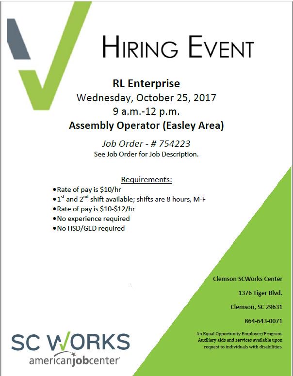 SCWorksinfo's tweet photo. Assembly operators needed in the Easley area! #Hiring event next Wednesday, 10/25, at SC Works Clemson. #AssemblyJobs #EasleyJobs https://t.co/gzRNkRxhza