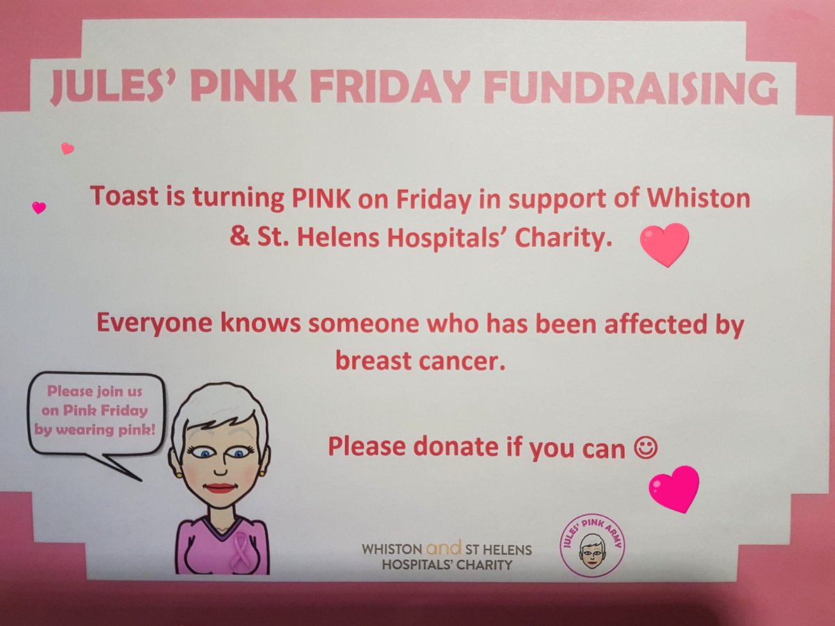 ToastCafe1's tweet photo. Toast is turning pink tomorrow to support local breast cancer patients. All money from the sale of pink cakes will be donated to this worthwhile charity. Support us if you can #PinkFriday #JulesPinkArmy https://t.co/h858iM0lNA