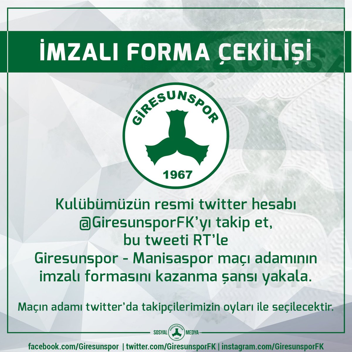 Giresunspor's tweet photo. İMZALI FORMA ÇEKİLİŞİ

Haydi Giresunsporlu! @GiresunsporFK'yı takip et, bu tweeti RT'le imzalı forma kazanma şansı yakala. #Giresunspor https://t.co/41m7f1Lkmd