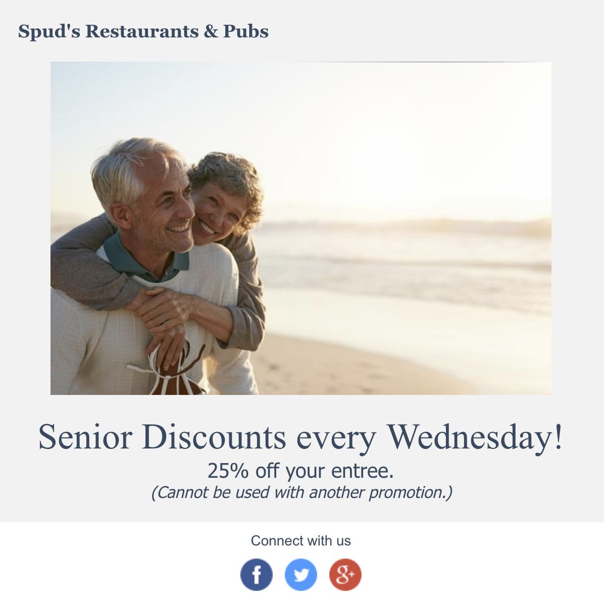 Spudsrestaurant's tweet photo. Senior Discounts every Wednesday!  #spudsrestaurant https://t.co/DINjSCdU5z