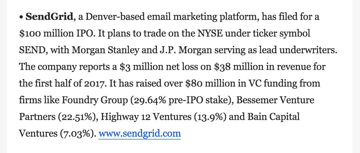 Big news via <a href="/danprimack/">Dan Primack</a> - 

Sendgrid is the first company to have gone through a seed accelerator [<a href="/techstars/">Techstars</a> in '09] and file for an IPO!