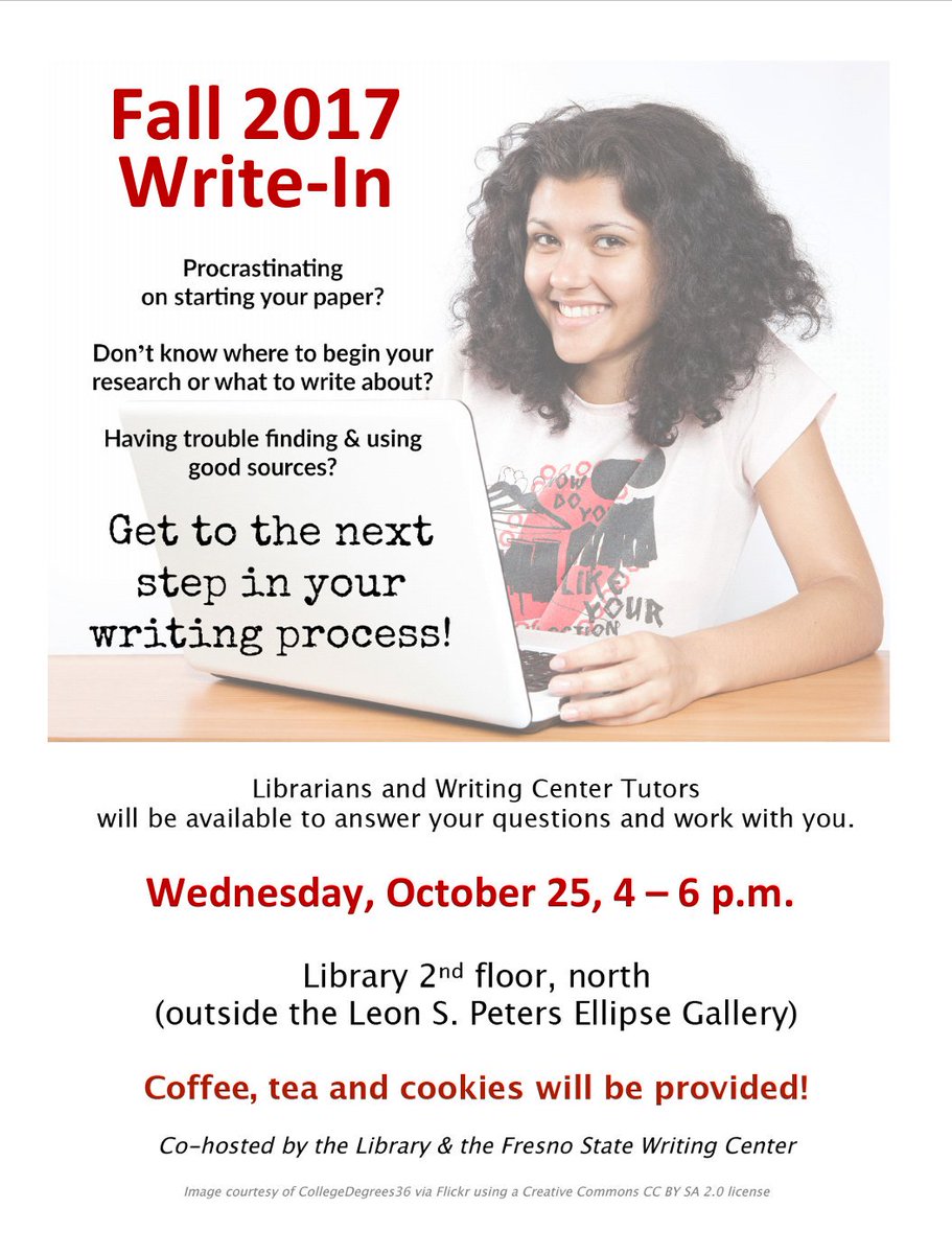 FresnoStWC's tweet photo. Heads up, student writers! The WC will be at the @MaddenLibrary next Wednesday afternoon! @ us if you have questions about our write-in. ✏📖 https://t.co/4zdOYHGra8