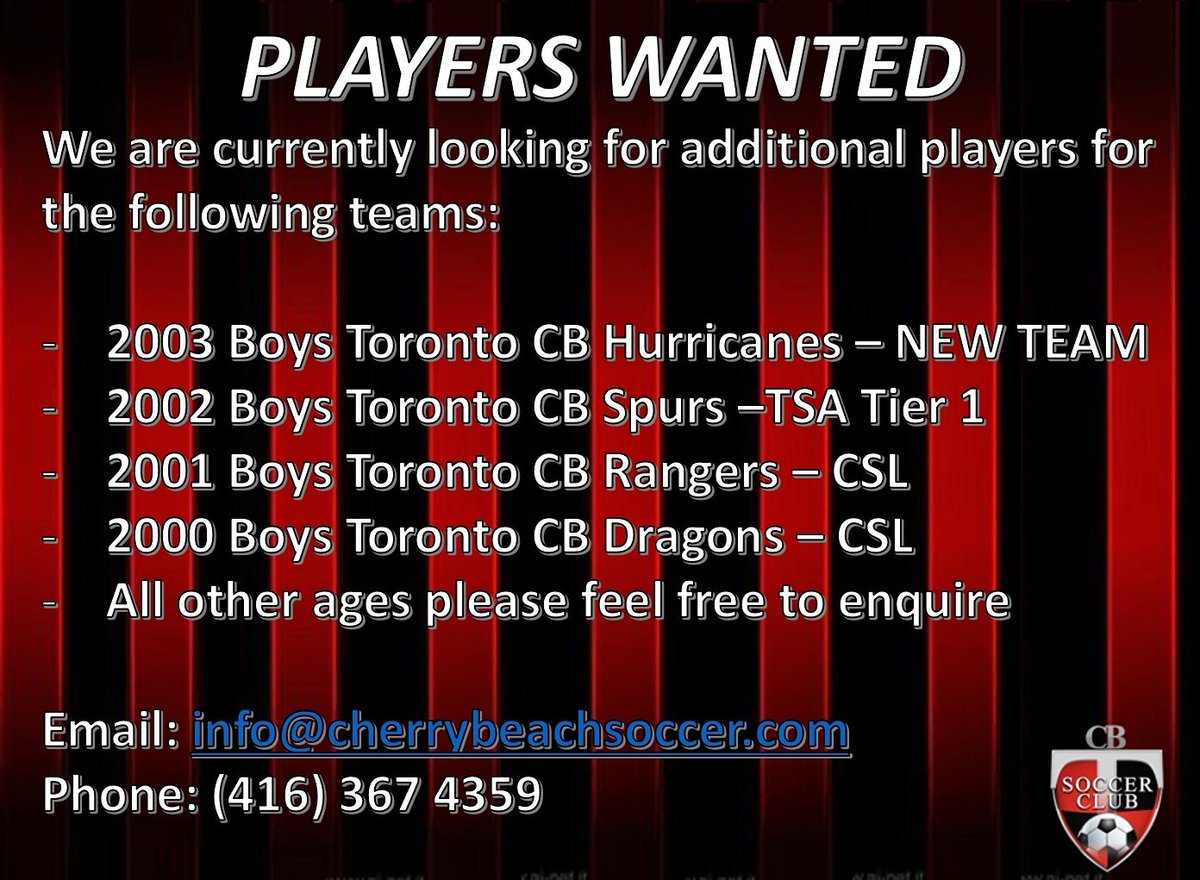 We are looking for reinforcements at a number of age groups! #cherrybeachsoccer #torontosoccer