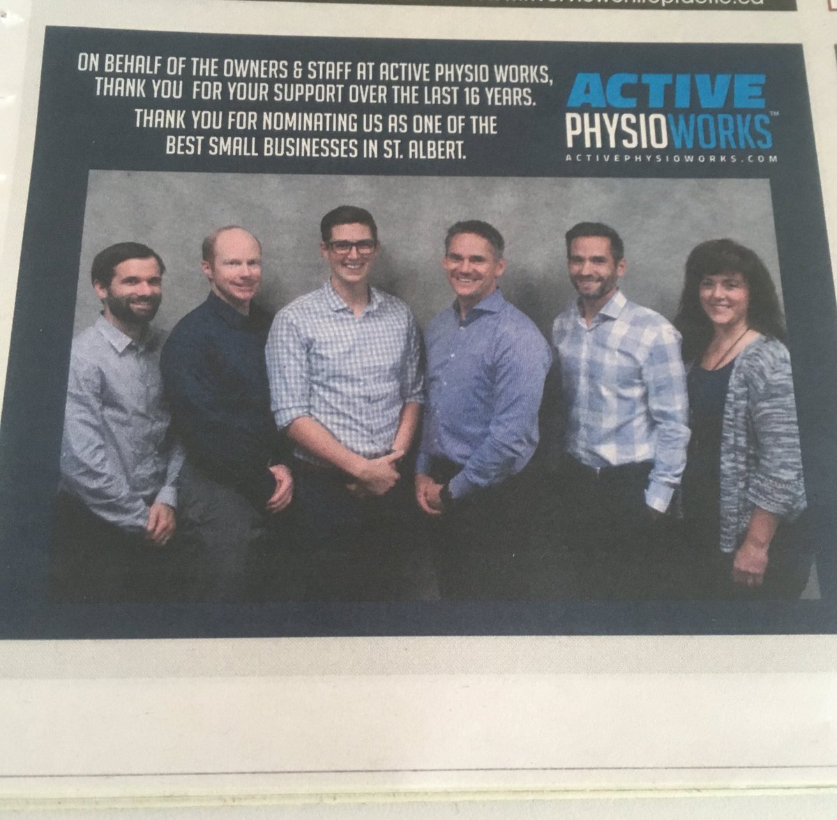 The <a href="/ActivePTWorks/">Active Physio Works</a> crew lookin good in <a href="/stalbertgazette/">St Albert Gazette</a> ! Thanks so much for the @stalbertchamber best small business nomination #StAlbert
