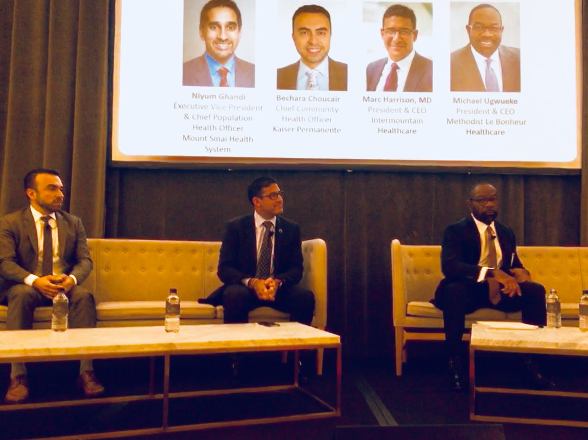 Premier sponsor @DHGHealthcare  introduces population health panel discussion <a href="/choucair/">Bechara Choucair</a> <a href="/MarcHarrisonMD/">Marc Harrison MD</a> <a href="/niyumgandhi/">Niyum Gandhi</a>  
#MHleaders