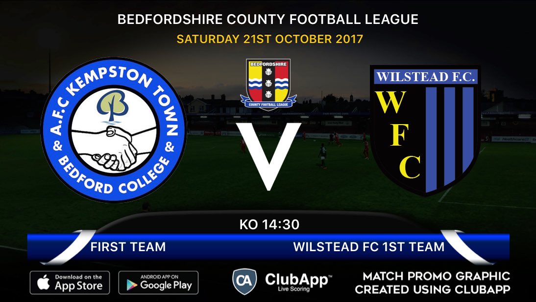da_riddles1's tweet photo. Sat 21st Oct @BedsFA
@WilsteadWFC Vs @kempstontownfc
KO 14:30 
Match Promo Created on @ClubApp
#ClubApp https://t.co/a8dXepS655