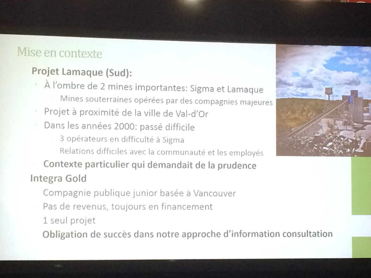AEMQ_'s tweet photo. Réaliser une démarche honnête et transparente d’information-consultation pour développer un projet minier avec @integragoldcorp. #Xplor2017 https://t.co/9scpmj85HN