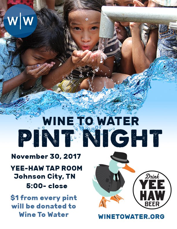 TriCitiesWTW's tweet image. Join us Nov 30th at Yee-Haw Brewing in JC for Wine To Water Pint Night, 5pm-close! $1/pint donated to W|W. #winetowater #yeehawbrewing