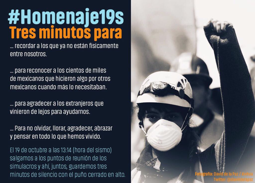 SasslaMx's tweet photo. Hoy 19/Oct 13:14 hrs se rinde tributo a las víctimas del #19S. El dolor continúa 1 mes después del #sismo. 

#Homenaje19S #FuerzaMéxico https://t.co/n2IbZSyvVg