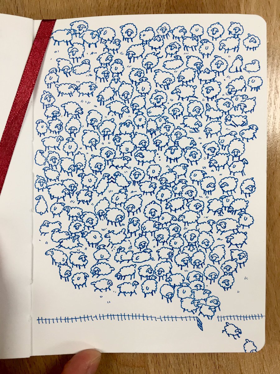 A sketchbook page covered with an intricate drawing of a giant herd of little cartoon sheep.