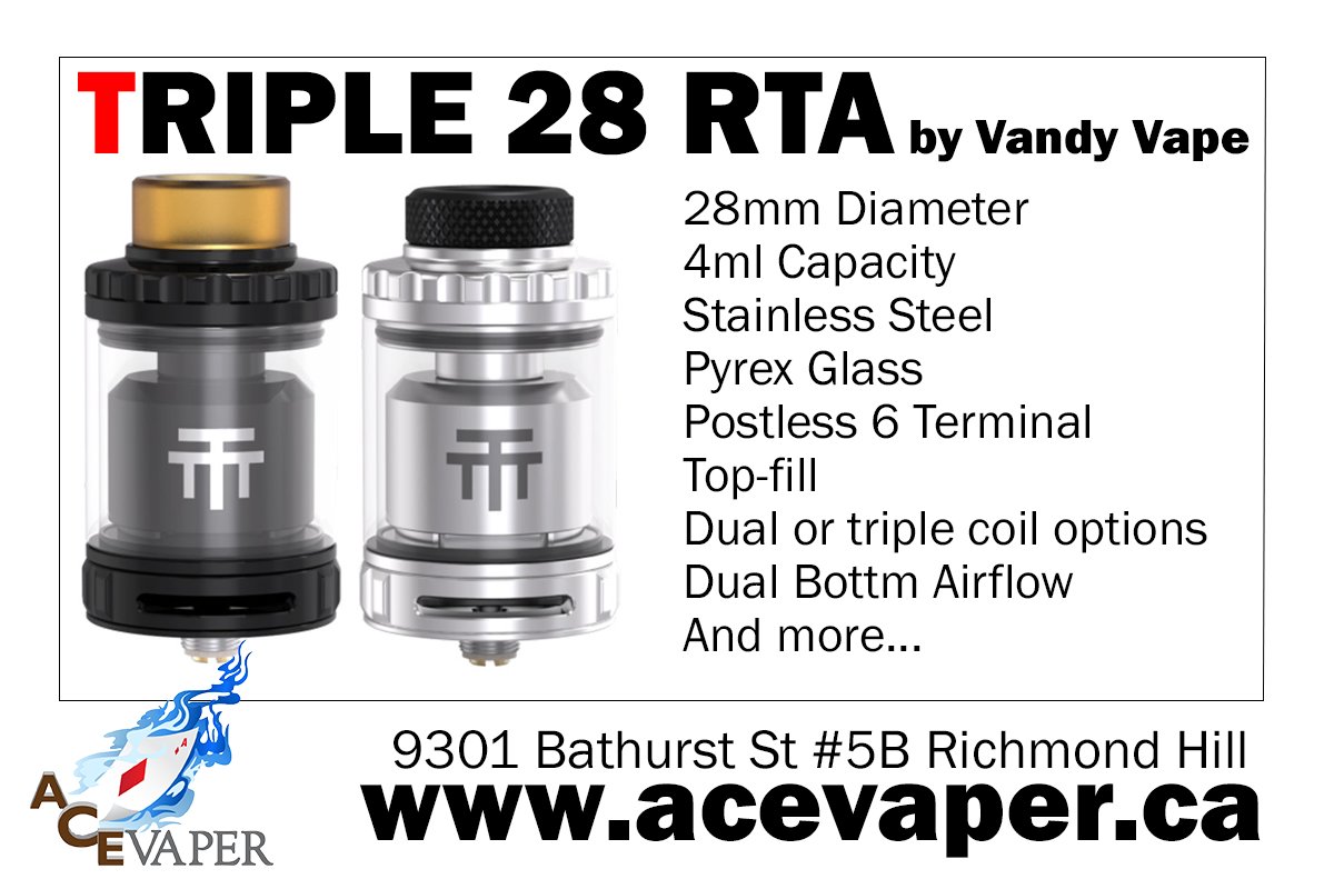 AceVaper's tweet photo. New #vapegear @ #acevaper #vapeshop #toronto https://t.co/gz2lnkuEN2 Triple 28 tons of options RTA #vape #vaping #vapers #vapeon #vapefam https://t.co/DMQcaMzWhu