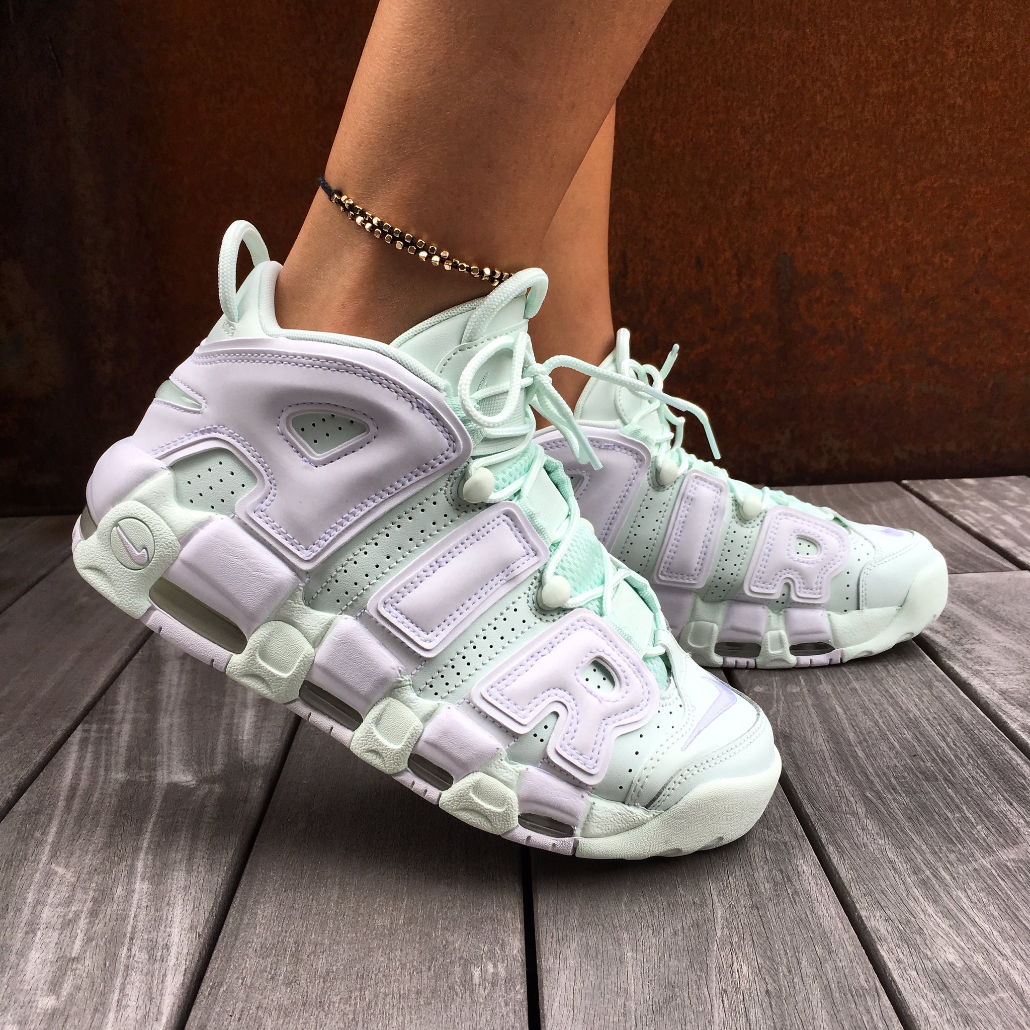 Foot Locker Women X Mint vibes The Nike Air More Uptempo is available in select stores online. https t ZxogEb5YVp X
