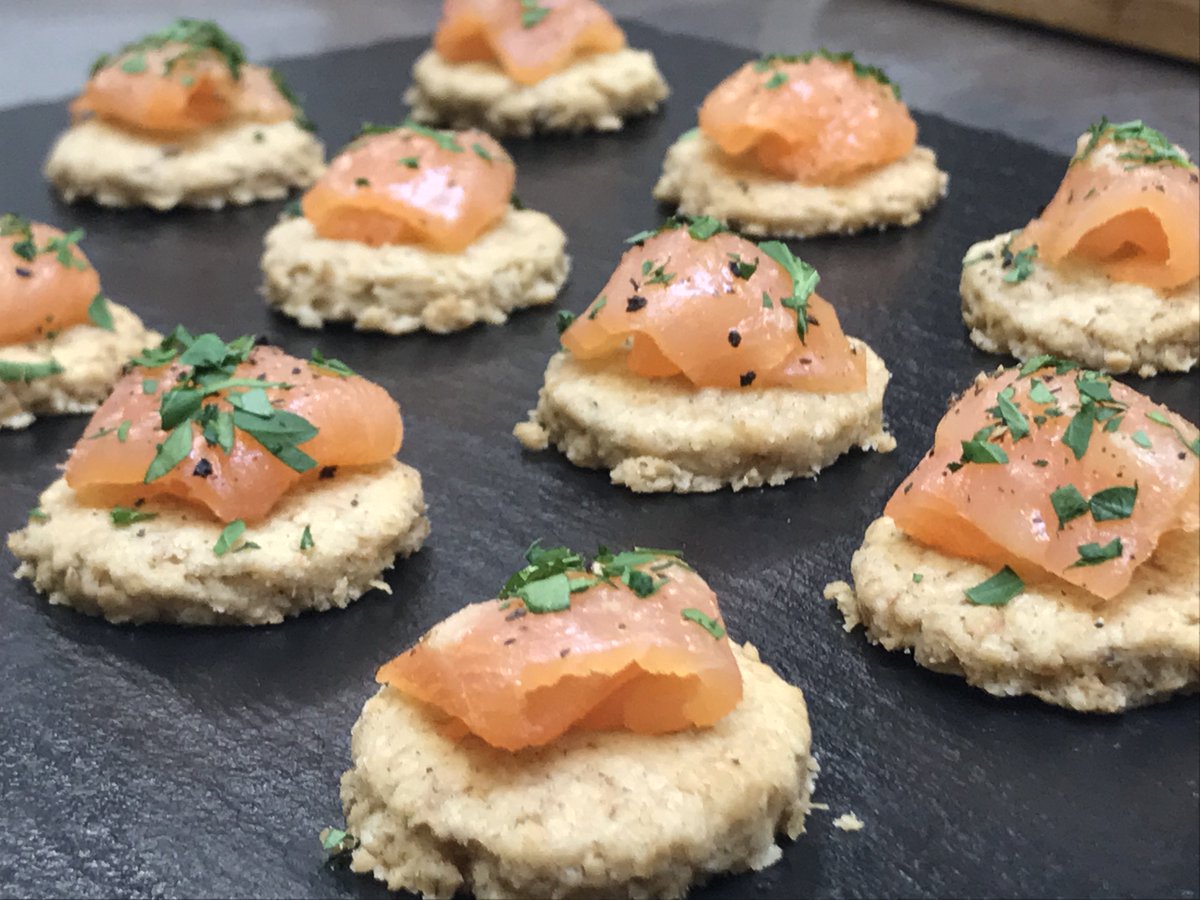 Oak-Smoked Salmon with Ginger Butter on Oat Biscuits #canapes #catering