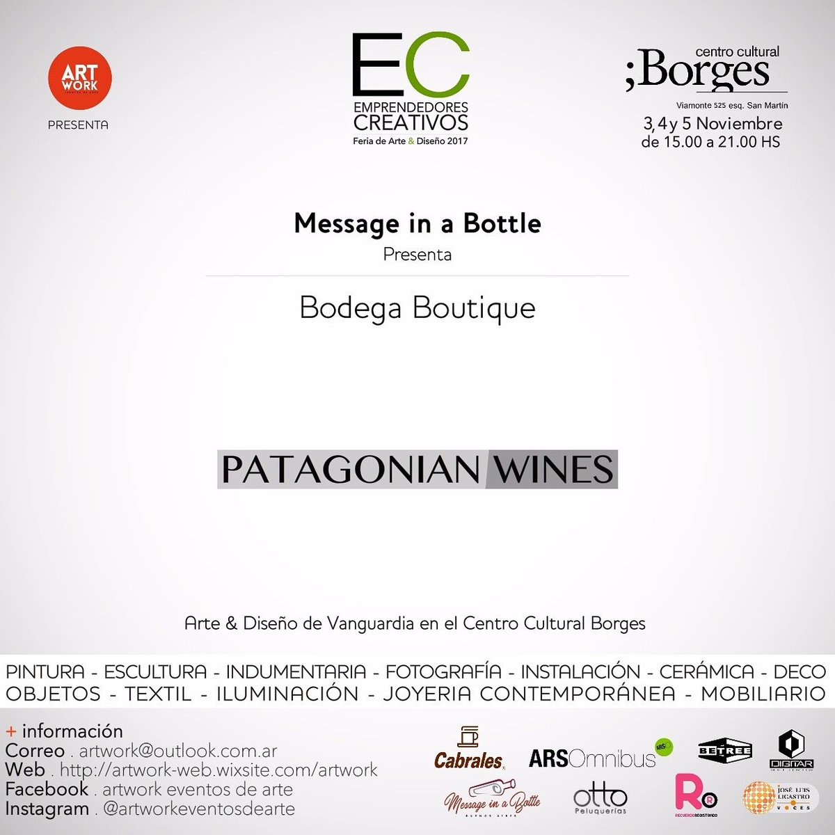 ArtWorkArte's tweet photo. Bienvenidos Bodega Boutique Patagonian Wines Vinos de Vanguardia a Feria EC Emprendedores Creativos en el @centroborges #art #wine #life 🍷🎨 https://t.co/thZPJljwDe