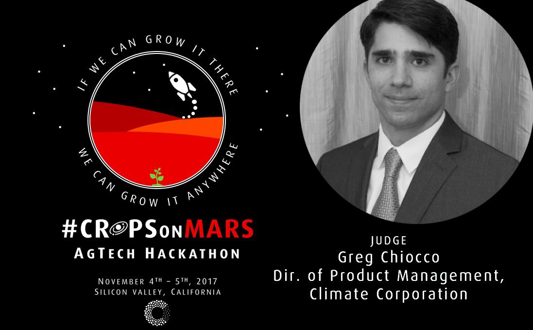 hellocovo's tweet photo. We're excited to have Greg Chiocco @climatecorp on board as judge at the #CropsOnMars - Hack.  https://t.co/Og64p9qxqG #agtech #covoevents https://t.co/MTuxLoBX5b