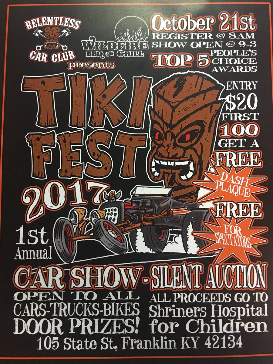 wildfirebbq's tweet photo. October 21, 2017
9am - 3pm

Tiki Fest Car Show benefiting Shriner’s Hospital for Children https://t.co/cau4IAbQx9