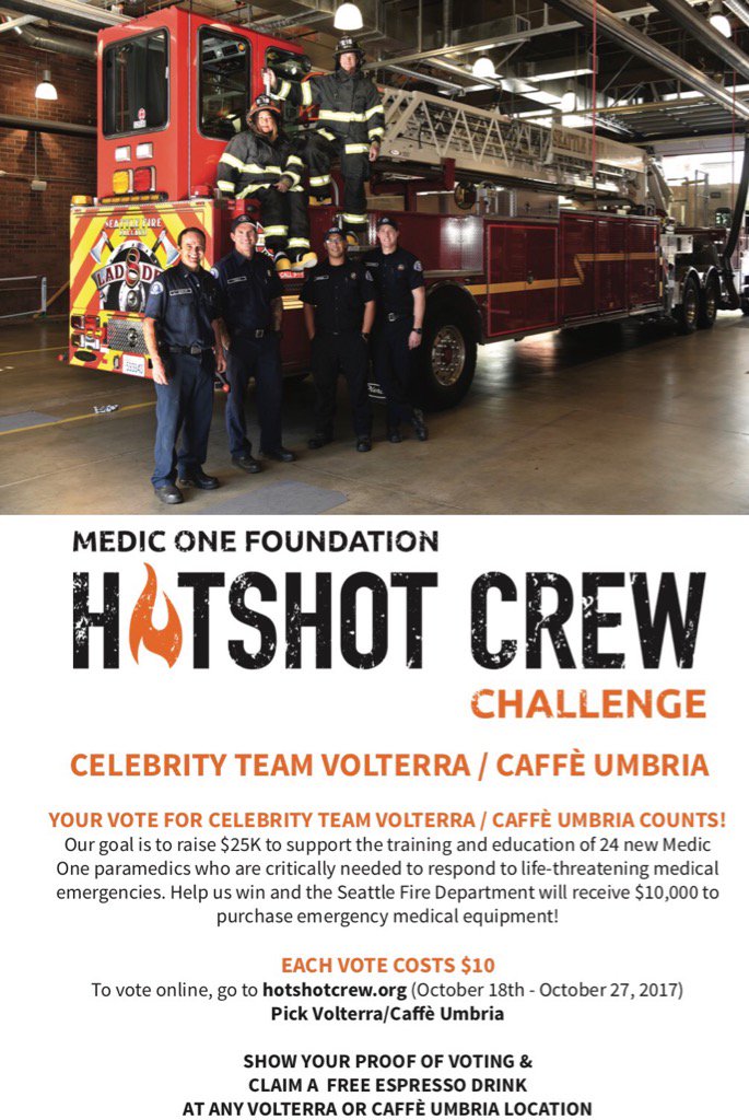 VolterraBallard's tweet photo. .@southlakeunion help us support @MedicOneFndn @SeattleFire and get free coffee at the new @caffeumbria #SLU location https://t.co/D5WLVoSoW0