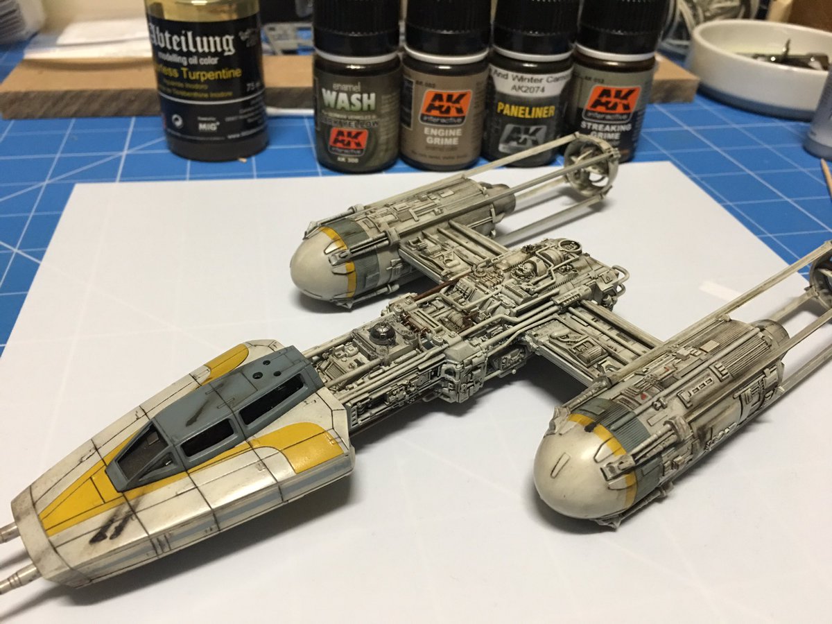 ModelbuildStar's tweet photo. #Starwars #bandai  Y-wing build nearly done . Pin wash , detailing with powders and enamel washes . Some decals still to add + Matt varnish https://t.co/dzDulqqtYr