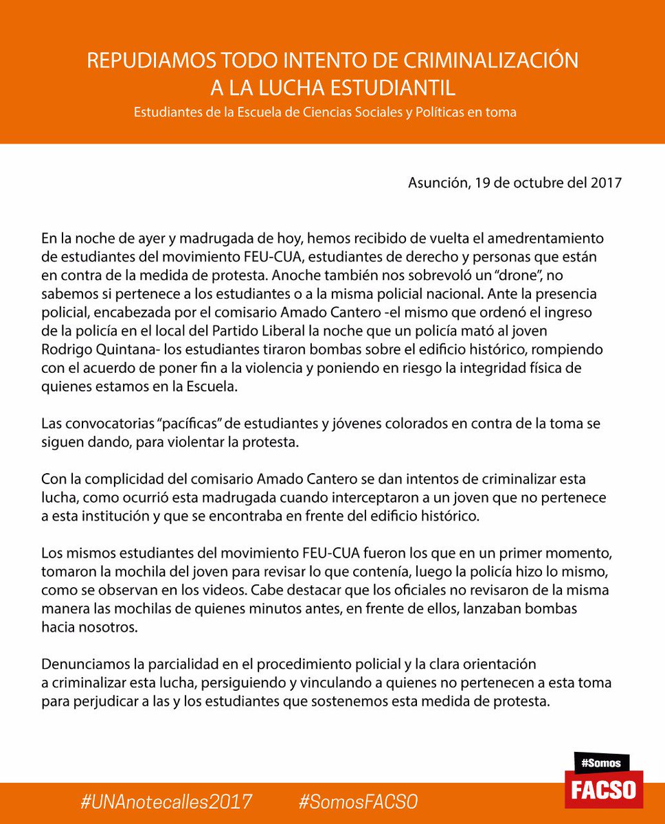 SomosFACSOpy's tweet image. COMUNICADO
¡Repudiamos todo intento de criminalización de la lucha estudiantil!
#UNAnotecalles2017 #SomosFACSO