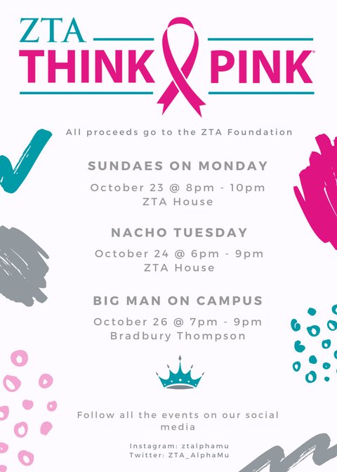 ZTA_AlphaMu's tweet image. Check out our events for Think Pink week and watch our philanthropy video too! 🎀👑#ThinkPinkThinkZTA