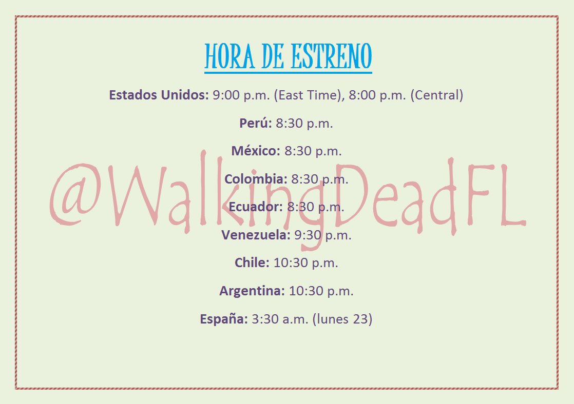 HORA DE ESTRENO #TheWalkingDead 
DOMINGO 22 Y LUNES 23
.
#RT comenta desde que país lo veras
.
Via <a href="/WalkingDeadFL/">The Walking Dead ꪜ</a>