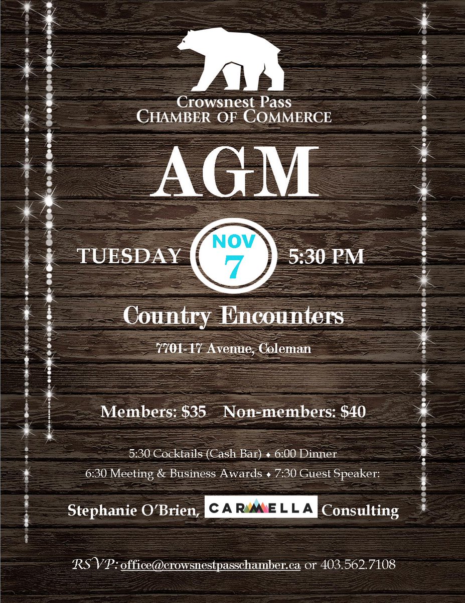 Join us on November 7 for dinner, Business Awards, AGM and a guest speaker. #CrowsnestPass #networking
