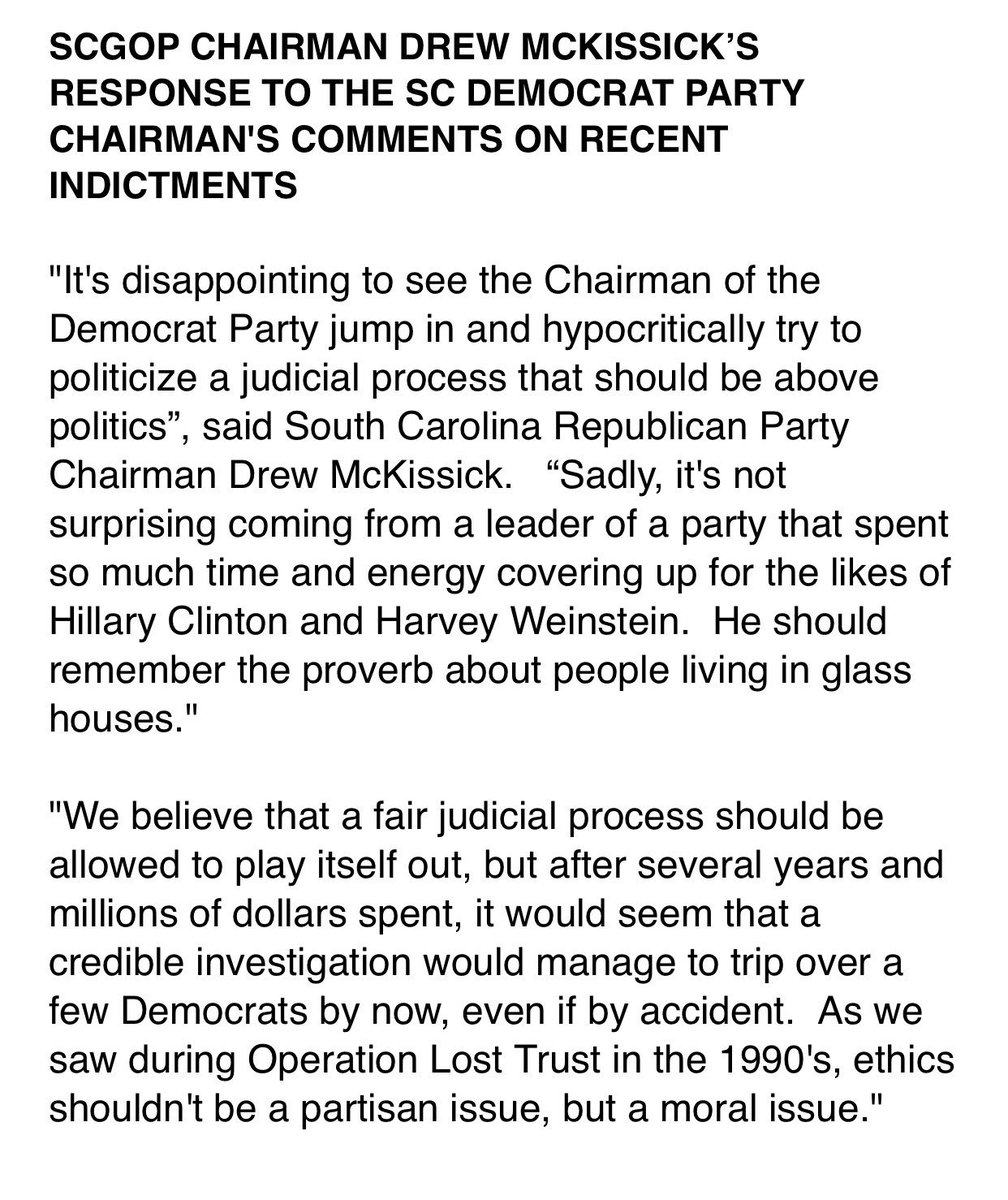 SCGOP's tweet photo. Statement from @SCGOP Chair Drew McKissick on @scdp Chair’s remarks re: recent indictments: https://t.co/nM1LvghjpI